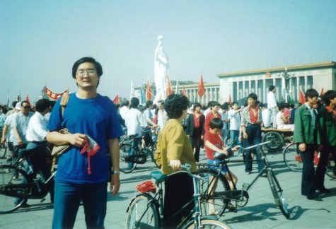 Mr. Che joins protesters in Tiananmen Square in 1989. The Statue of Democracy in the background — brought into the square by protesters — was destroyed by tanks two days later.