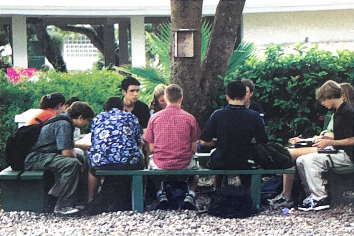 Seniors gathering at their designated benches near what would become the Senior Deck, circa 2001. 