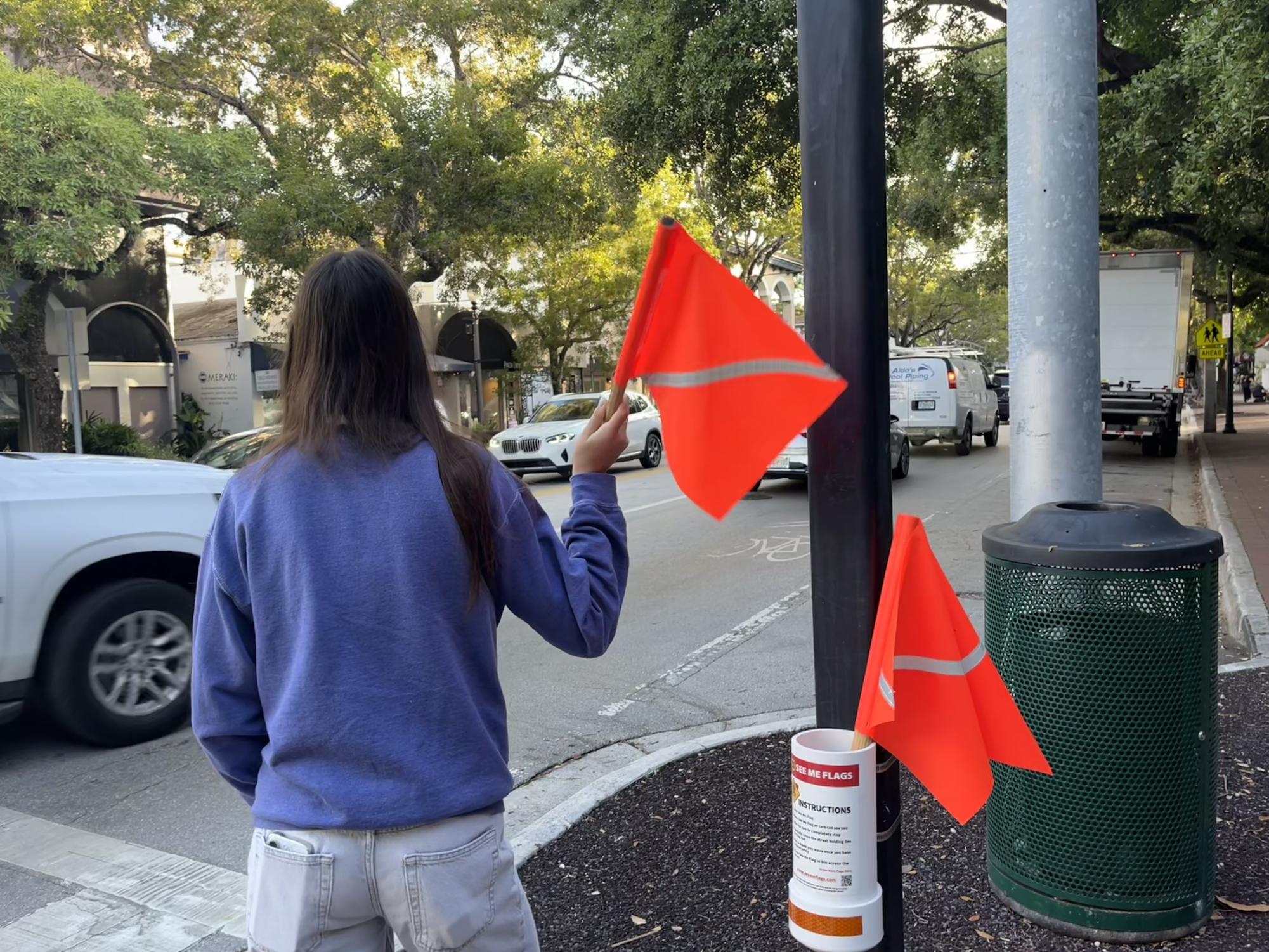 Kwiatkowski's "See Me Flags" are now stationed across crosswalks on Main Highway.