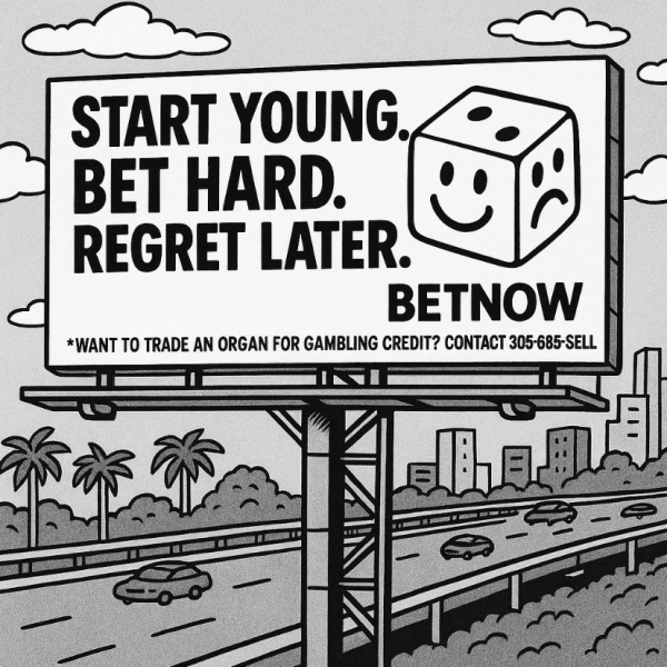 A billboard critiques the normalization of sports betting.