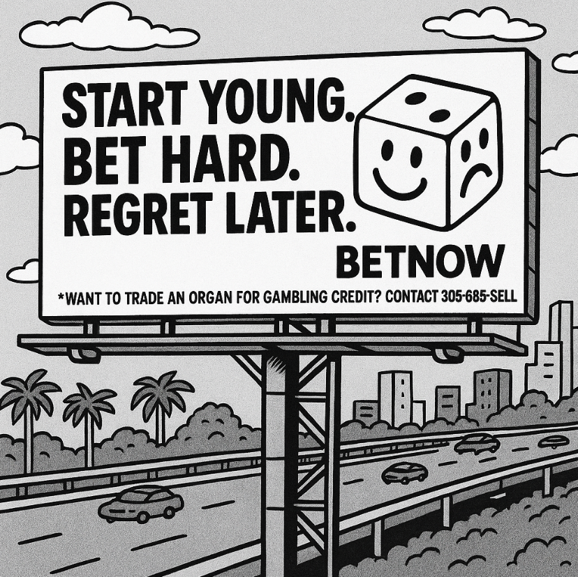 A billboard critiques the normalization of sports betting.